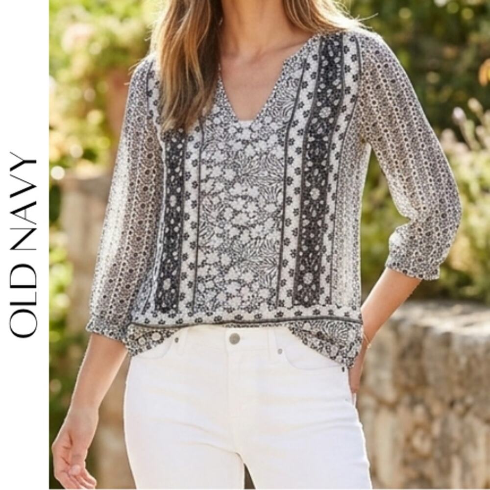 OLD NAVY Black & White Sheer Print Popover Blouse, XS, NWT!